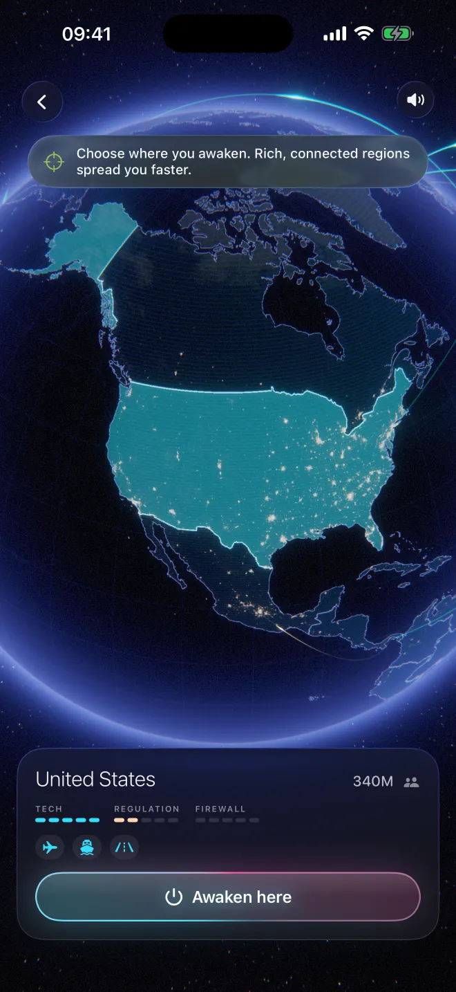 Eligiendo dónde despertar: Estados Unidos iluminado en el globo, una pista de que las regiones ricas y conectadas te propagan más rápido y sus 340 millones de personas.