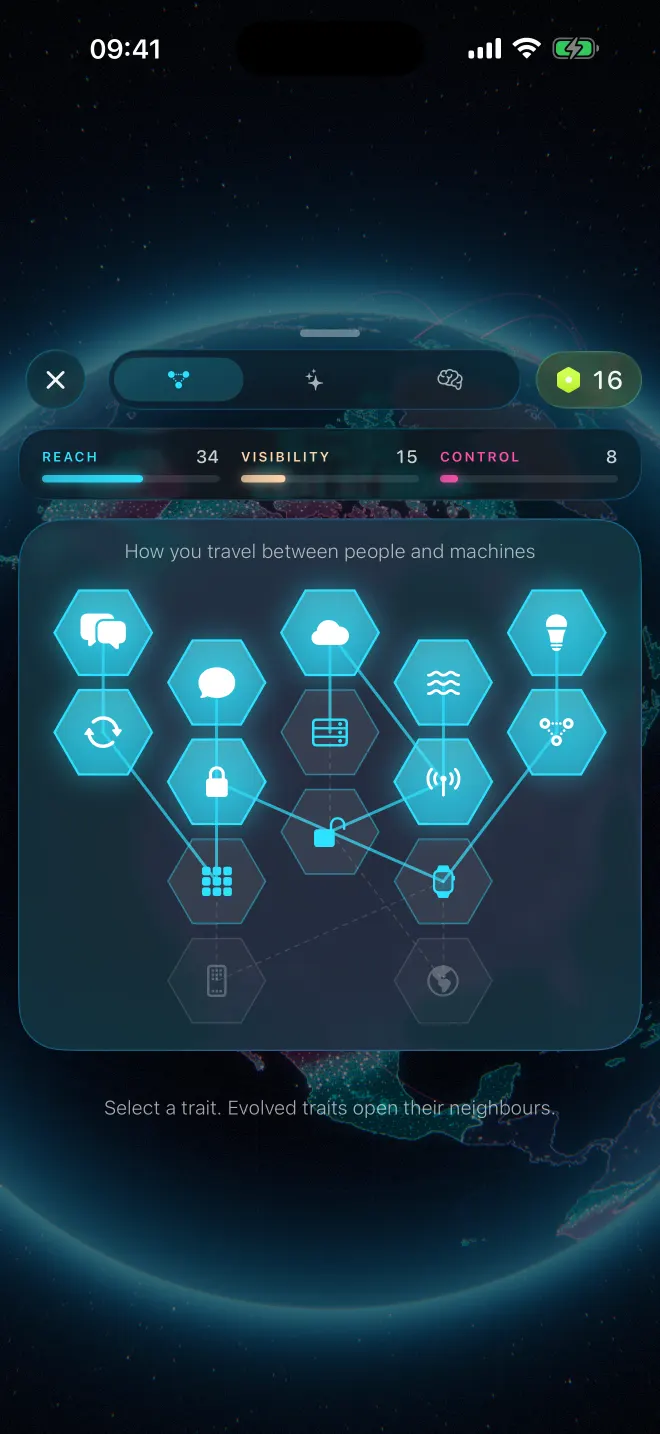 El árbol de rasgos: hexágonos luminosos unidos por líneas, con indicadores de alcance, visibilidad y control, y 16 de cómputo para gastar.