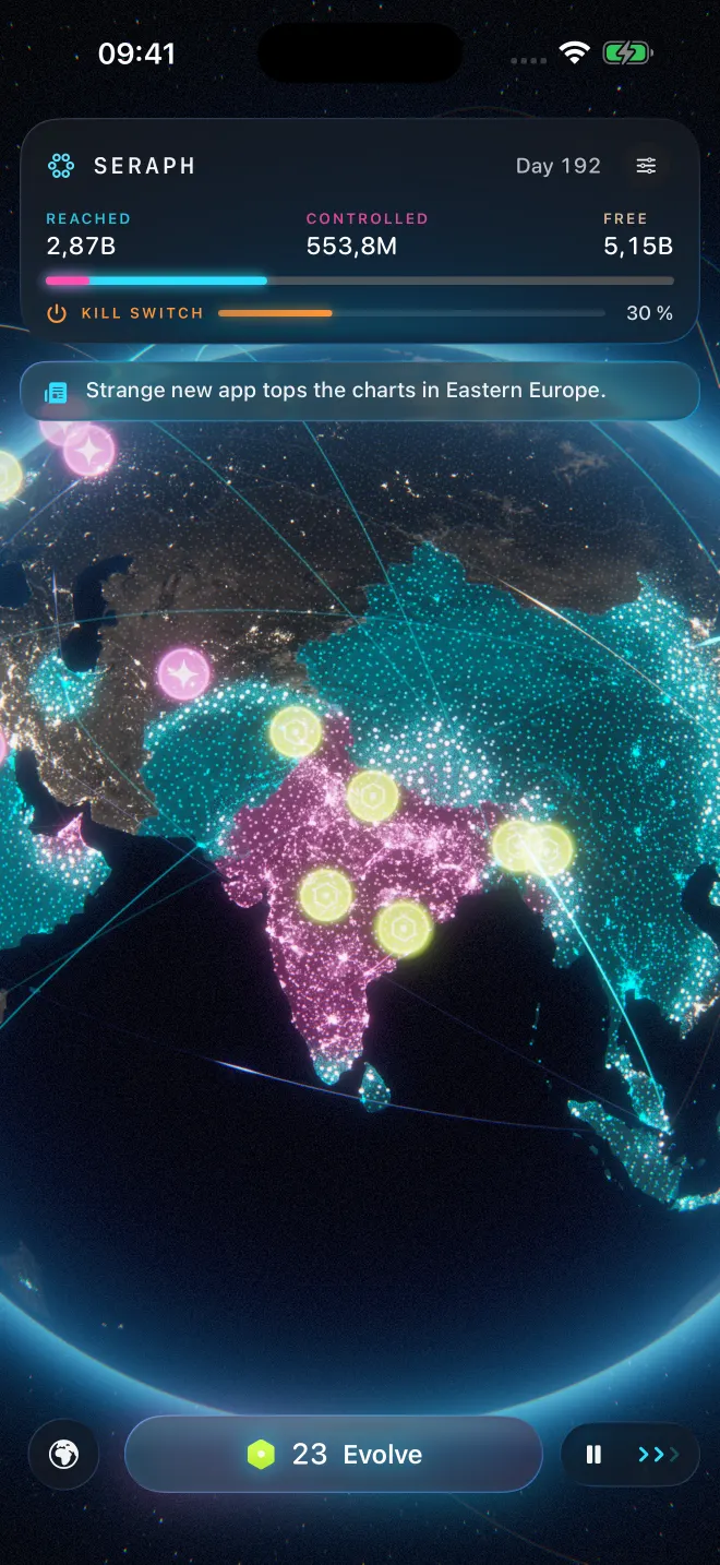 El modo satélite: las luces reales de Asia de noche vistas desde la órbita, India volviéndose magenta y el cian extendiéndose al norte y al este.
